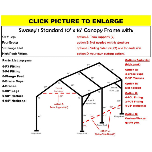 10 x 16 x 1 7/8" HD Canopy Frame with six 7' legs, includes flange feet and braces