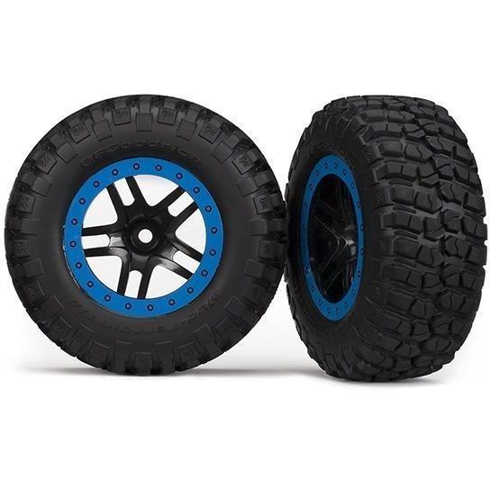 5883A Tire & wheel assy, glued (SCT Split-Spoke, black, blue beadlock wheels, BFGoodrich® Mud-Terrain™ T/A® KM2 tire, inserts) (2) (4WD f/r, 2WD rear) - Swasey's Hardware & Hobbies