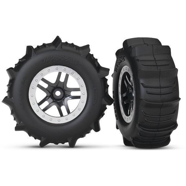 5891 Tires & Wheels, Assembled, Glued (Sct Split-Spoke Satin Chrome, Beadlock Style Wheels, Paddle Tires, Foam Inserts) (2) (4Wd Front/Rear, 2Wd Rear Only) (Tsm Rated)