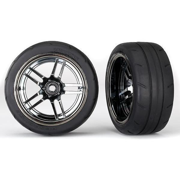 8374 Tires and wheels, assembled, glued (split-spoke black chrome wheels, 1.9' Response tires) (ex wide, rear) (2) - Swasey's Hardware & Hobbies
