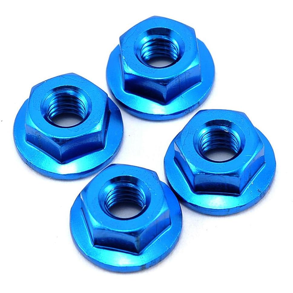 Yokomo 4mm Aluminum Serrated Flanged Nut (Blue) (4)