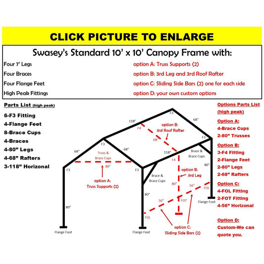 10 x 10 x 3/4" Canopy Frame with four 7' legs, includes flange feet and braces