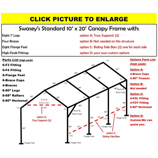 10 x 20 x 1 3/8"  Canopy Frame with eight 7' legs, includes flange feet and braces