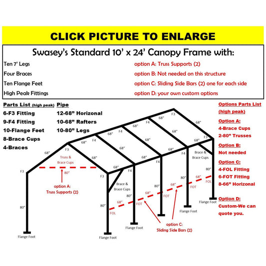 10 x 24 x 1 3/8"  Canopy Frame with ten 7' legs, includes flange feet and braces