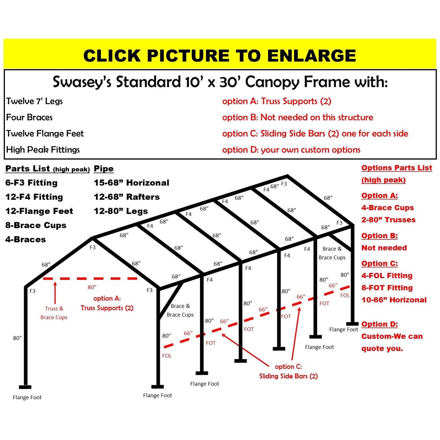 10 x 30 x 1 3/8"  Canopy Frame with tweleve 7' legs, includes flange feet and braces