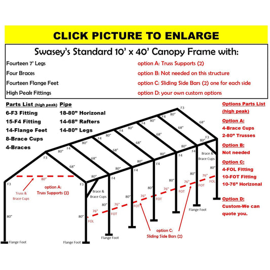 10 x 40 x 1 3/8"  Canopy Frame with fourteen 7' legs, includes flange feet and braces