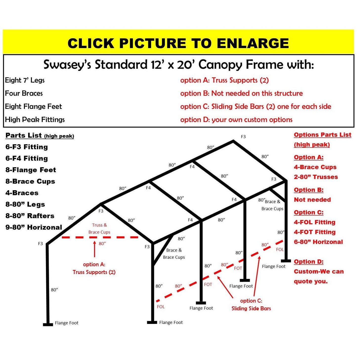 12 x 20 x 1 3/8"  Canopy Frame with eight 7' legs, includes flange feet and braces