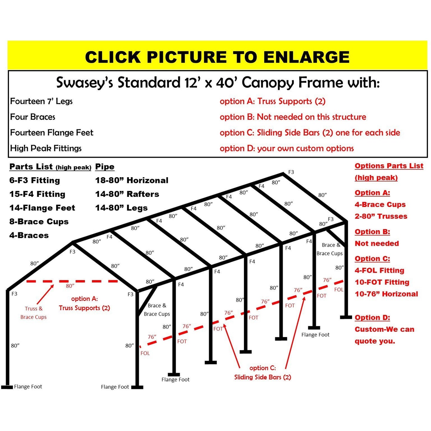 12 x 40 x 1 3/8"  Canopy Frame with fourteen 7' legs, includes flange feet and braces