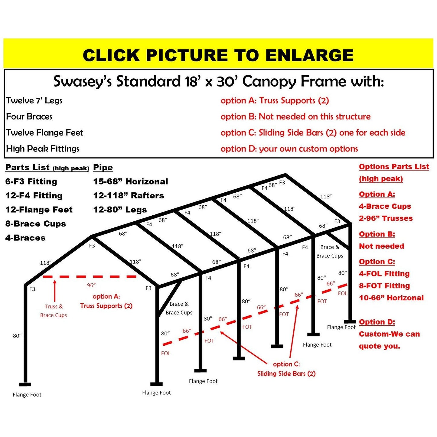 18 x 30 x 1 5/8" HD Canopy Frame with tweleve 7' legs, includes flange feet and braces