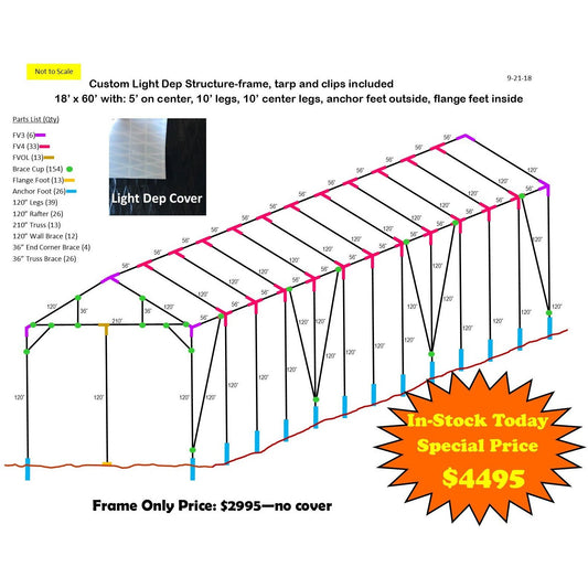 Greenhouse/Light Dep Structure 18' x 60' with 10' Legs and Center legs