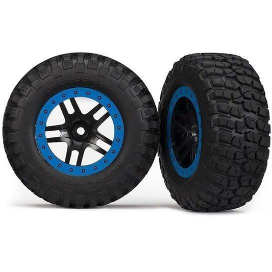 5883A Tire & wheel assy, glued (SCT Split-Spoke, black, blue beadlock wheels, BFGoodrich® Mud-Terrain™ T/A® KM2 tire, inserts) (2) (4WD f/r, 2WD rear) - Swasey's Hardware & Hobbies
