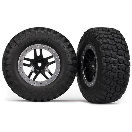 5885 Tires & wheels, assembled, glued (SCT Split-Spoke, black, satin chrome beadlock wheels, BFGoodrich® Mud-Terrain™ T/A® KM2 tires, foam inserts) (2) (2WD Front) - Swasey's Hardware & Hobbies