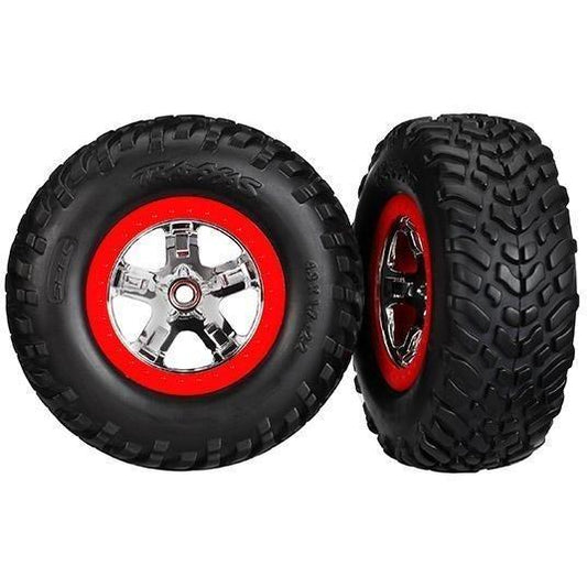 5887 Tires & Wheels, Assembled, Glued (Sct Chrome Wheels, Red Beadlock Style, Dual Profile (2.2' Outer, 3.0' Inner), Sct Off-Road Racing Tires, Foam Inserts) (2) (4Wd F/R, 2Wd Rear) (Tsm Rated)