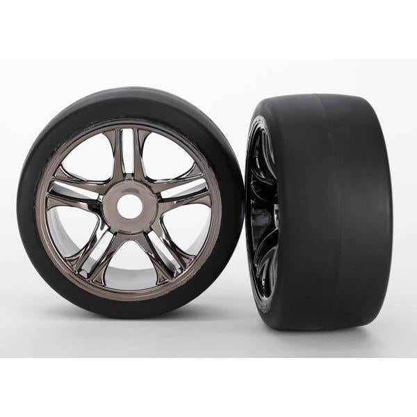 6477 Tires & wheels, assembled, glued (split-spoke, black chrome wheels, slick tires (S1 compound), foam inserts) (rear) (2) - Swasey's Hardware & Hobbies