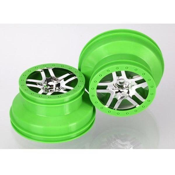 6872X Wheels, SCT Split-Spoke, chrome, green beadlock style, dual profile (2.2' outer, 3.0' inner) (4WD front/rear, 2WD rear) (2) - Swasey's Hardware & Hobbies