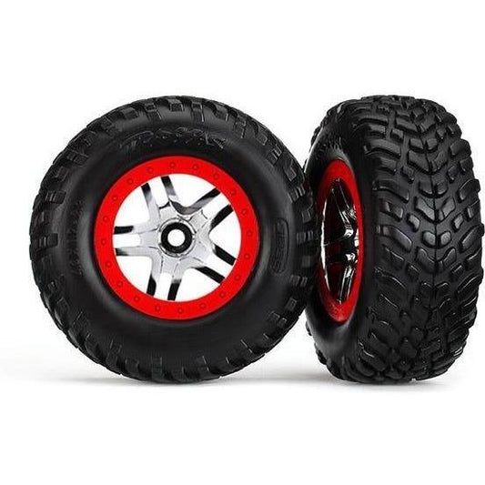 6891R Tires & wheels, assembled, glued (S1 compound) (SCT Split-Spoke chrome, red beadlock style wheels, dual profile (2.2' outer, 3.0' inner), SCT off-road racing tires, foam inserts) (2) (4WD f/r, 2WD rear) (TSM rated) - Swasey's Hardware & Hobbies