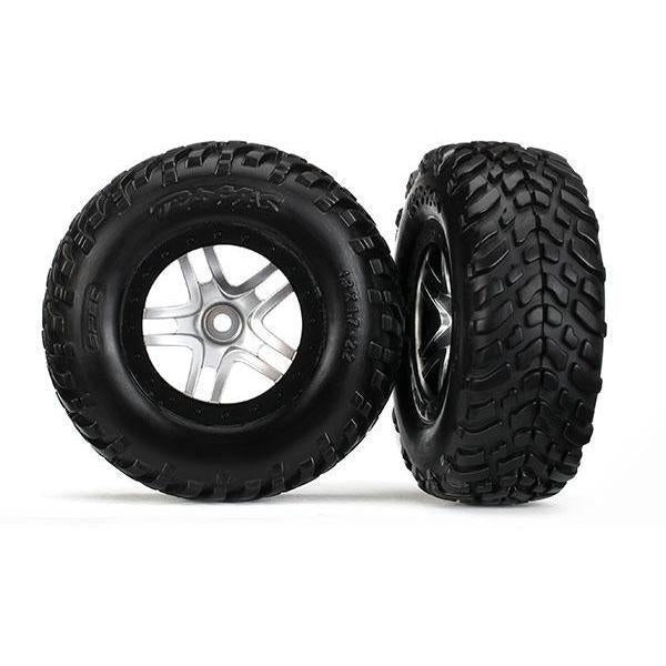 6892 Tires & wheels, assembled, glued (SCT Split-Spoke satin chrome, black beadlock style wheels, dual profile (2.2' outer, 3.0' inner), SCT off-road racing tires, foam inserts) (2) (4WD f/r, 2WD rear) (TSM rated) - Swasey's Hardware & Hobbies
