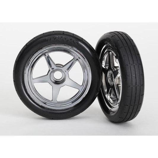 6975 Tires & wheels, assembled, glued (5-spoke chrome wheels, tires, foam inserts) (front) (2) - Swasey's Hardware & Hobbies