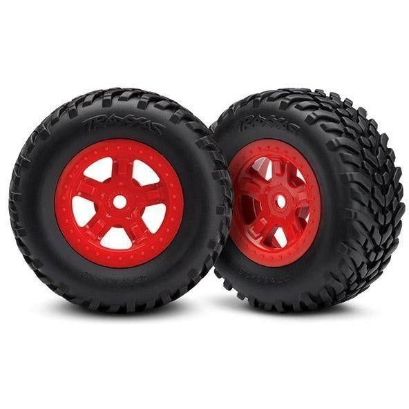 7674R Tires and wheels, assembled, glued (SCT red wheels, SCT off-road racing tires) (1 each, right & left) - Swasey's Hardware & Hobbies