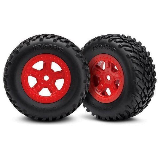 7674R Tires and wheels, assembled, glued (SCT red wheels, SCT off-road racing tires) (1 each, right & left) - Swasey's Hardware & Hobbies