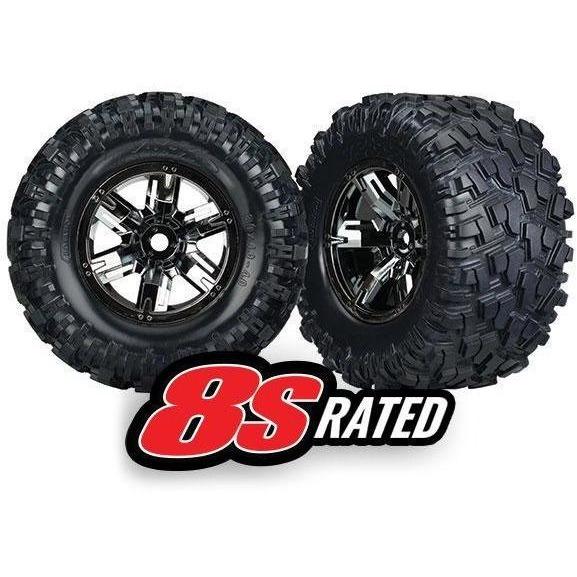 7772A Tires & wheels, assembled, glued (X-Maxx black chrome wheels, Maxx AT tires, foam inserts) (left & right) (2) - Swasey's Hardware & Hobbies