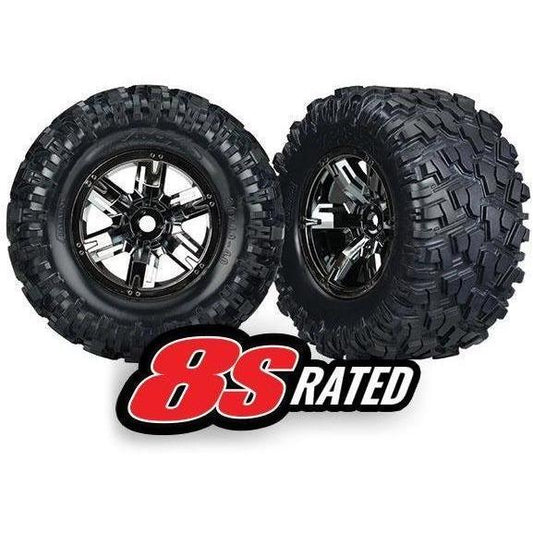 7772A Tires & wheels, assembled, glued (X-Maxx black chrome wheels, Maxx AT tires, foam inserts) (left & right) (2) - Swasey's Hardware & Hobbies