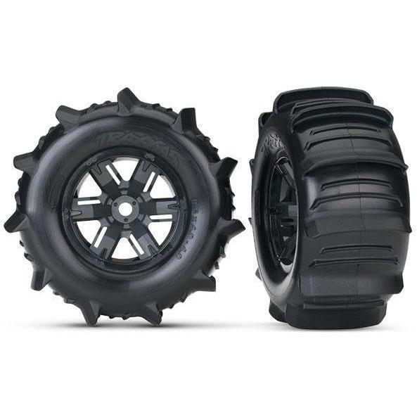 7773 Tires & wheels, assembled, glued (X-Maxx black wheels, paddle tires, foam inserts) (left & right) (2) - Swasey's Hardware & Hobbies