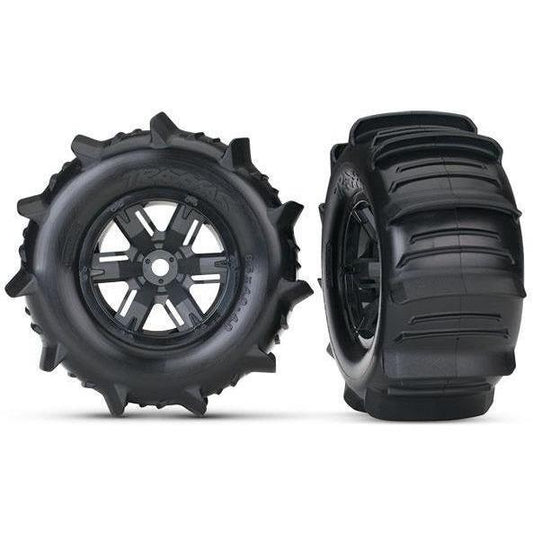 7773 Tires & wheels, assembled, glued (X-Maxx black wheels, paddle tires, foam inserts) (left & right) (2) - Swasey's Hardware & Hobbies