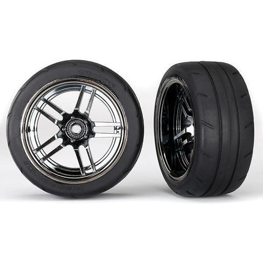 8374 Tires and wheels, assembled, glued (split-spoke black chrome wheels, 1.9' Response tires) (ex wide, rear) (2) - Swasey's Hardware & Hobbies
